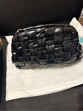 Black Woven Leather Shoulder Bag -woman